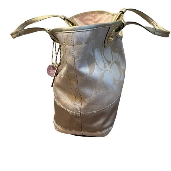 Large Matching Wallet Khaki and Tan Signature C Metallic Fabric Tote 12"L x 5"W - Picture 6 of 16